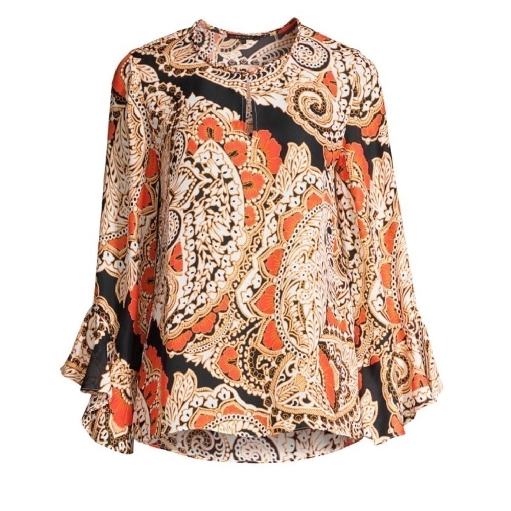 Kobi Halperin “Kayla” orange multicolor silk paisley print long sleeve blouse